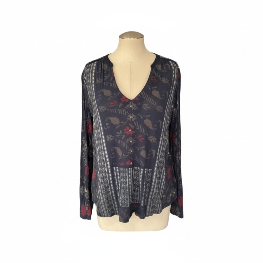 Lucky Brand Navy Boho Floral Sheer Long Sleeve Blouse Size Small / medium